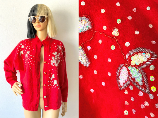 Beaded Cardigan | Party Sweater Fuzzy Dressy Bright Red Fancy Sequin Retro M