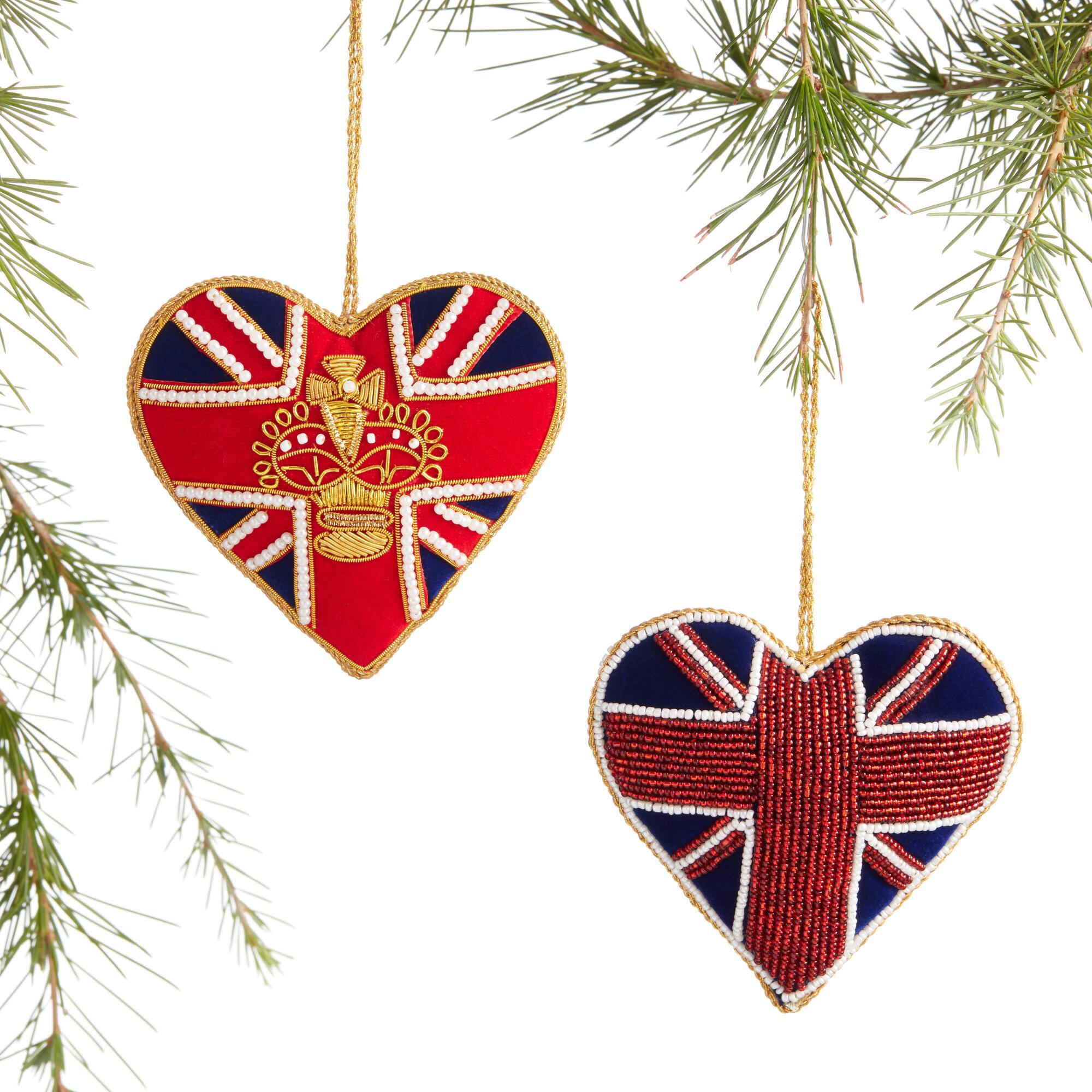 Beaded Fabric British Icon Heart Ornaments Set of 2: Multi by World Market