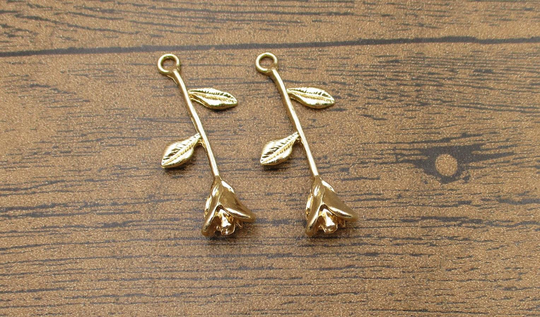 2 Pcs Detailed Rose Flower Charms, Kc Gold Color-Rs1189