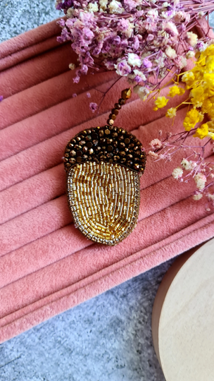Acorn Pin, Embroidered With Beads