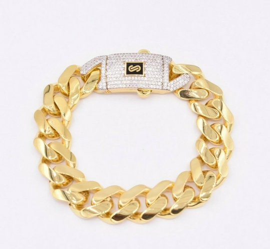 13mm Miami Cuban Royal Link Bracelet Plain Cz Box Clasp Real 14K Yellow Gold