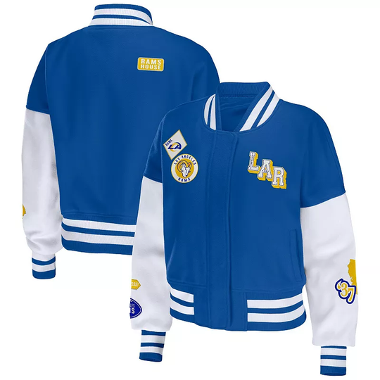 Women's WEAR by Erin Andrews Royal/White Los Angeles Rams Full-Snap Varsity Jacket, Size: 2XL, Blue