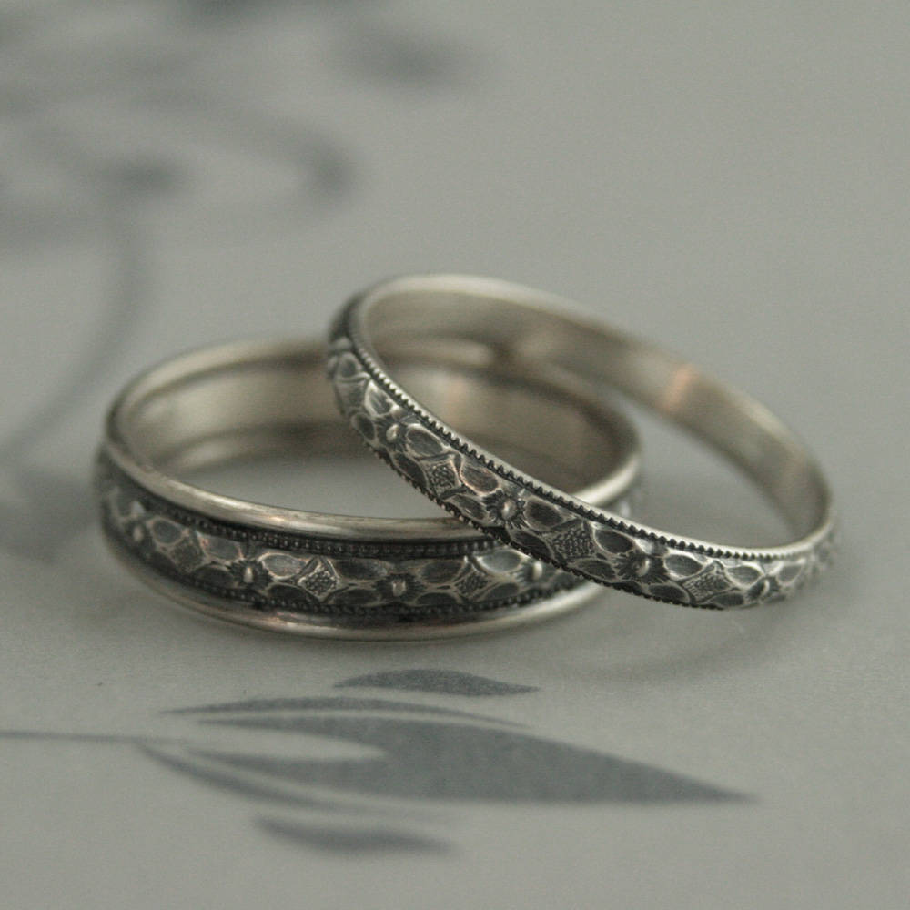 Vintage Style Wedding Rings Silver Set Of Bands Patterned Renaissance Milgrain Antique