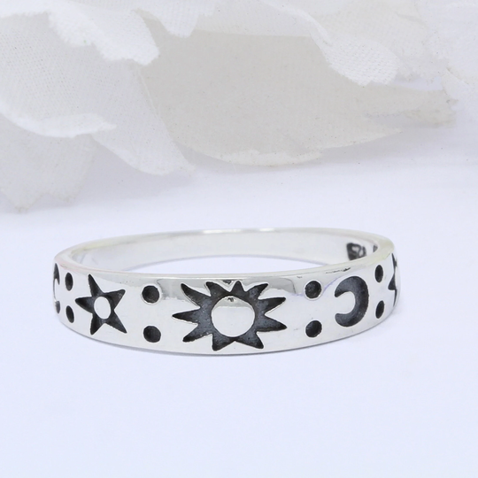 4mm Moon Sun & Stars Ring Band Thumb Trendy New Design Solid 925 Sterling Silver Celtic Black