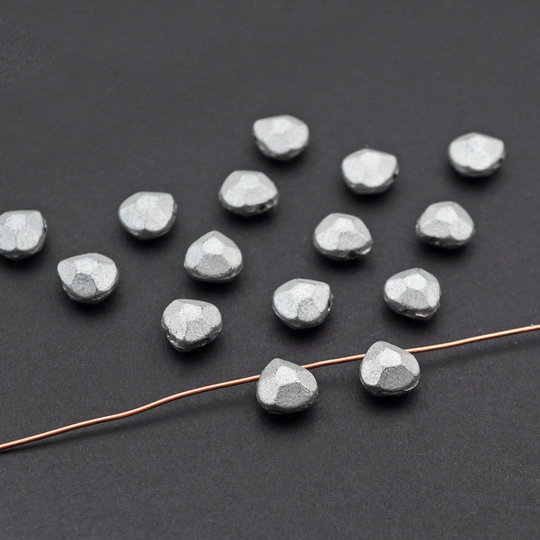 15 Pcs Matte Silver Czech Glass Beads, Top Drilled Faceted Flat Triangular Shape, Coated, Closeout, 10mm X 9mm