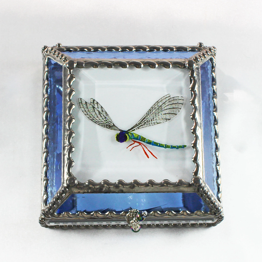 Dragonfly, Hand Painted, Butterfly, Stained Glass, Beveled Keepsake Box, Jewelry Faberge Style, Made in Usa