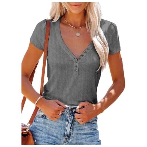 V Neck Blend Henley Short Sleeve Ribbed Knit Tee Tops - Gray, M - medium grey