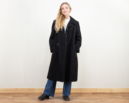 Black Wool Blend Coat Vintage 70S Winter Overcoat Women Swing Coat Outerwear Textured Topcoat Clothing Size Large