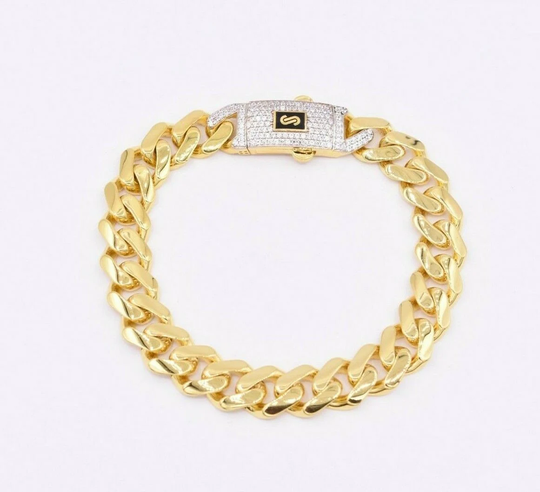 9mm Miami Cuban Royal Link Bracelet Plain Cz Box Clasp Real 14K Yellow Gold