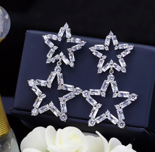 Star Rhinestone Dangle Earrings in Silver, Starfish Rhinestone Earrings, Gift For Flower Girl, Flower Girl Gifts, Rhinestone Earrings, Te01