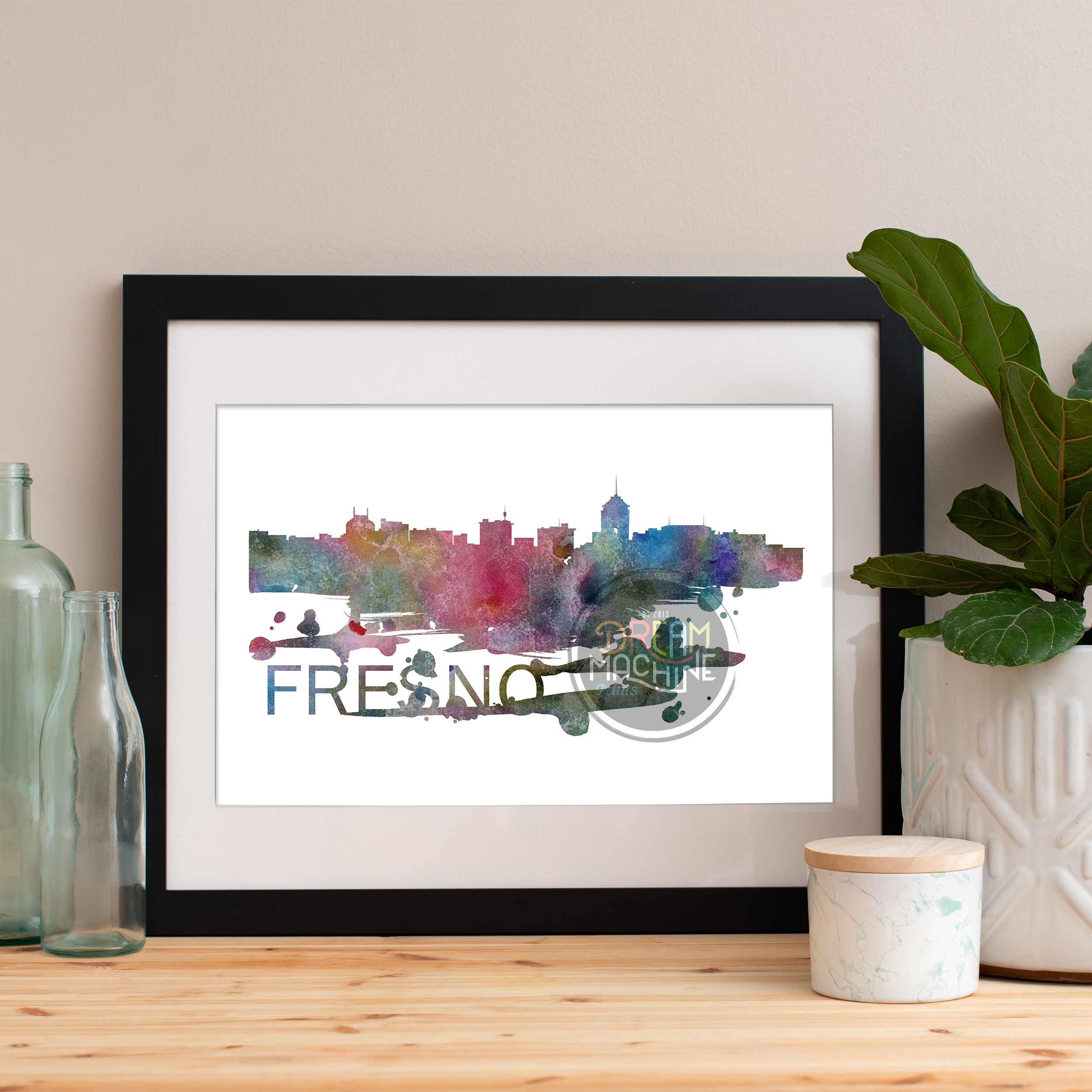 Fresno Watercolor Skyline, Art, Poster, Print, Map, Wall California Art