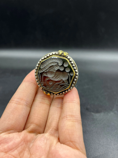 Old Indus Valley Ring Carved Ram Animal Figure On Agate Stone Handmade Silver & Gold Plated