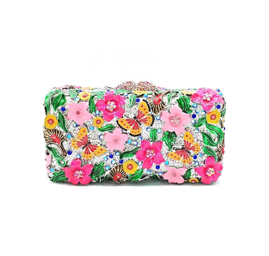Butterfly & Flower Hollow Out Enamel Clutch, Pink Floral Bridal Wedding Party Clutch