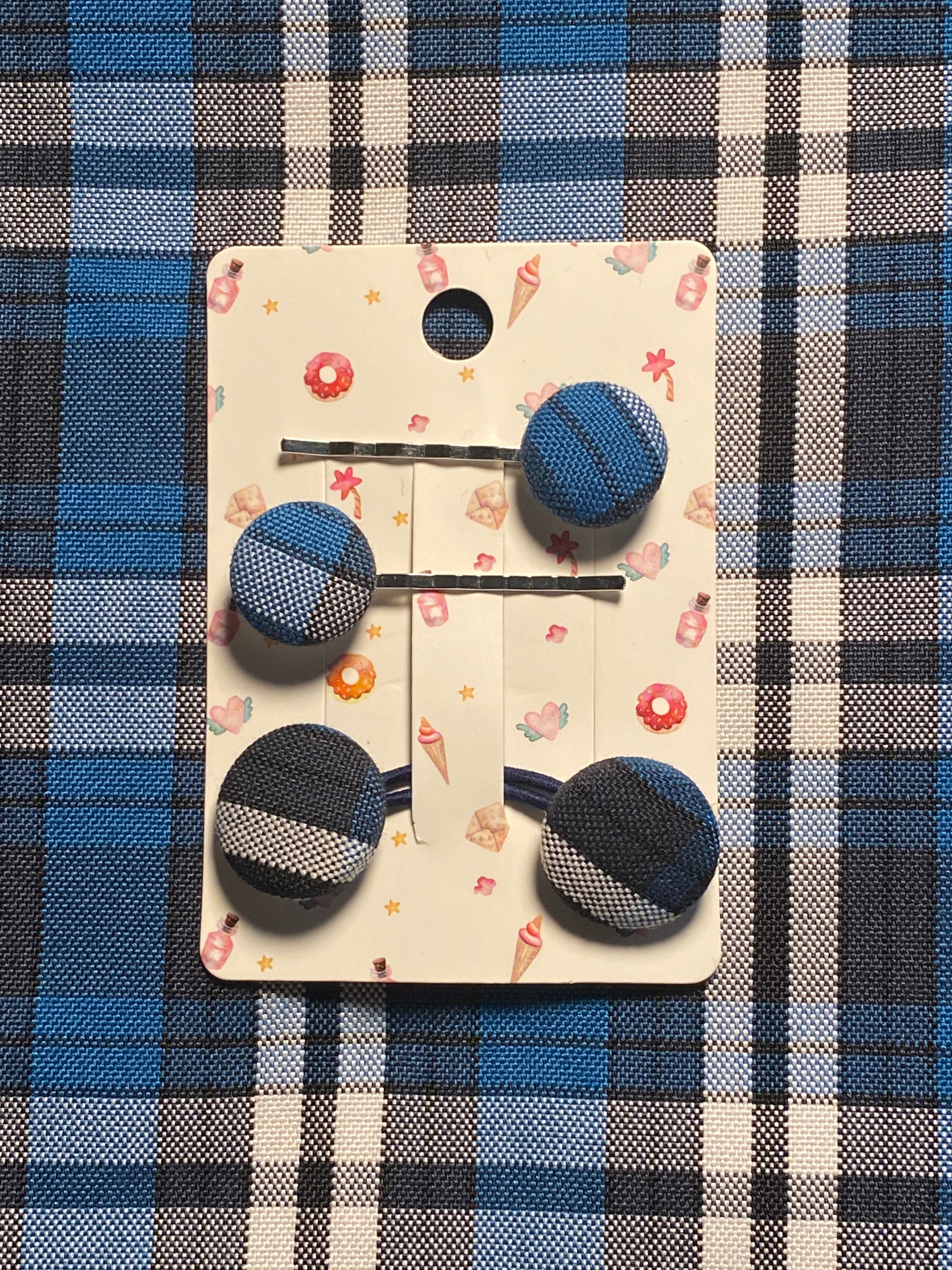 Rampart Plaid 29/School Uniform Plaid/Button Hair Bobby Pin/Double Button Tie/3Pc Set/Girls & Women Accessories/Ponytail Holder