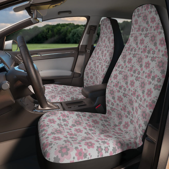 Pink Gray Floral Car Seat Covers Womens Girl Vehicle Accessories, Gift For Her