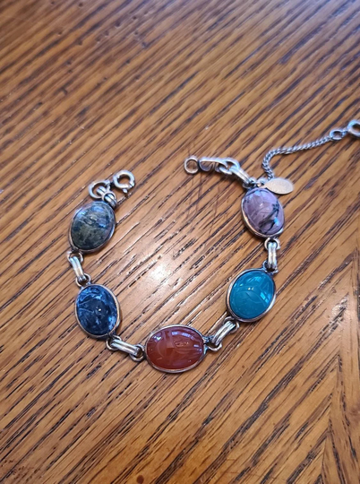 Nice Vintage Gold Filled Scarab Bracelet With Genuine Carved Semi-Precious Stones
