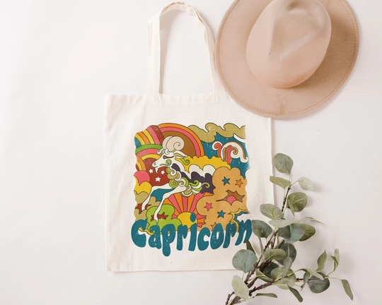 1970S Capricorn Zodiac Tote Bag - Vintage Celestial Hippie Canvas December January Birthday Eco Friendly Packaging