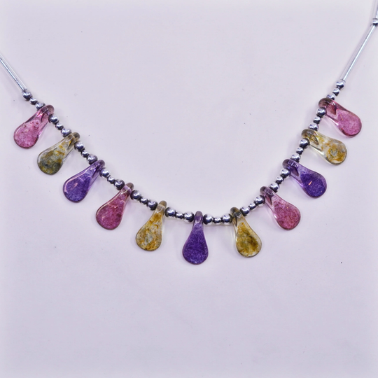 20", Vintage Sterling 925 Silver Handmade Beaded Necklace With Teardrop Glass Pendant, Stamped