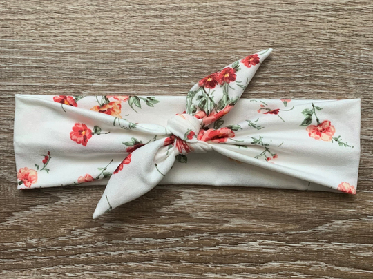 Coral, Pink & Red Floral On Cream Tied Women's Headband/Hairband Spring Headband/ Summer