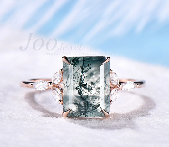Green Moss Agate Ring Unique Vintage 7x9mm Emerald Cut Engagement Art Deco Flower Marquise Moissanite Rose Gold Silver