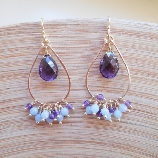 Lulu Gemstone Cluster Beaded Hoop Earrings Purple Light Baby Blue Dangle Drop Wire Wrap Amethyst Jade Gold Fill February Birthstone Gift