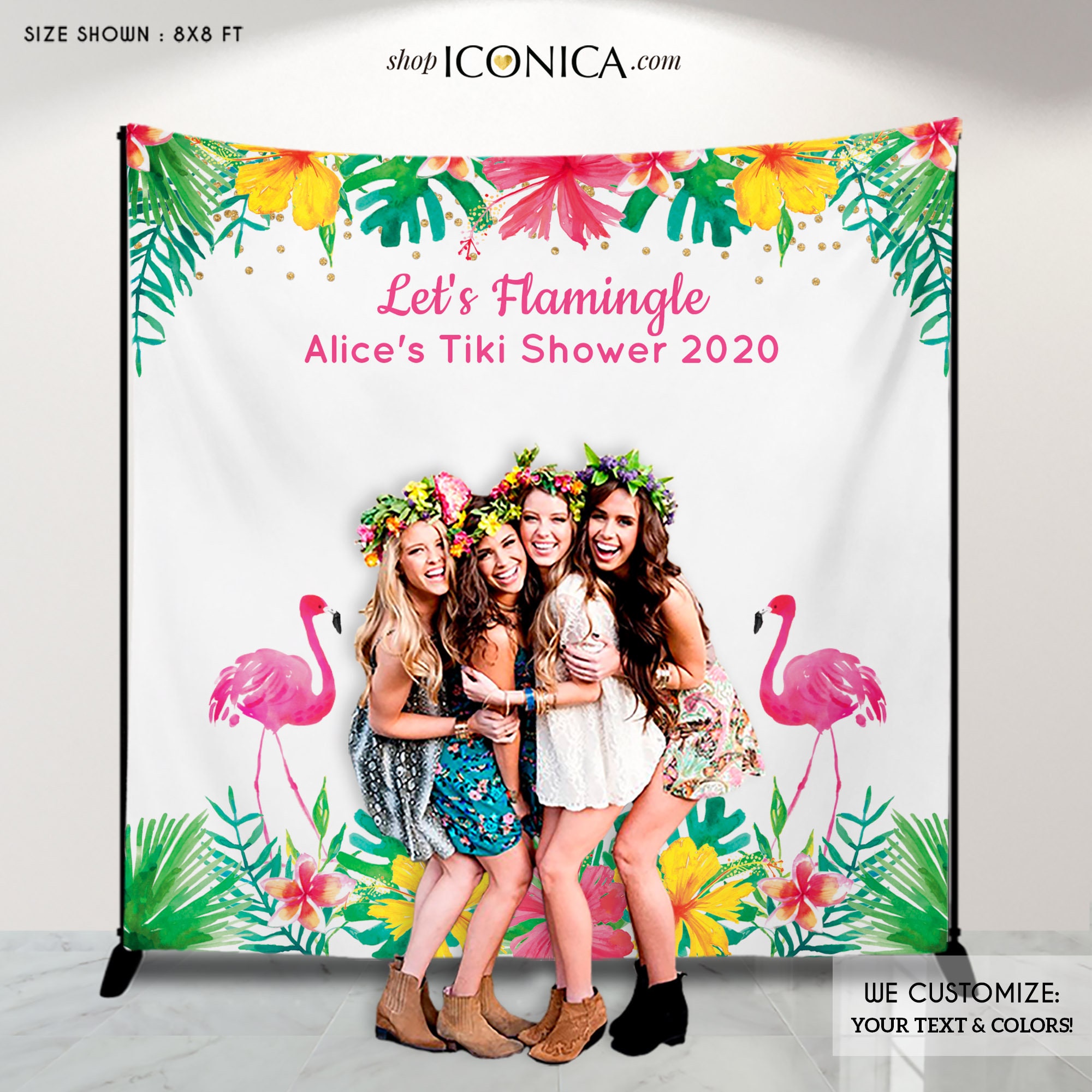 Flamingo Party Backdrop - Tropical Luau Photo Booth Let's Flamingle Tiki Pool Printed Or Printable File Bae0007