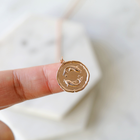 Rose Gold Pisces Coin Necklace, Zodiac Sign Necklace, Celestial Jewelry, Constellation February Birthday Gift