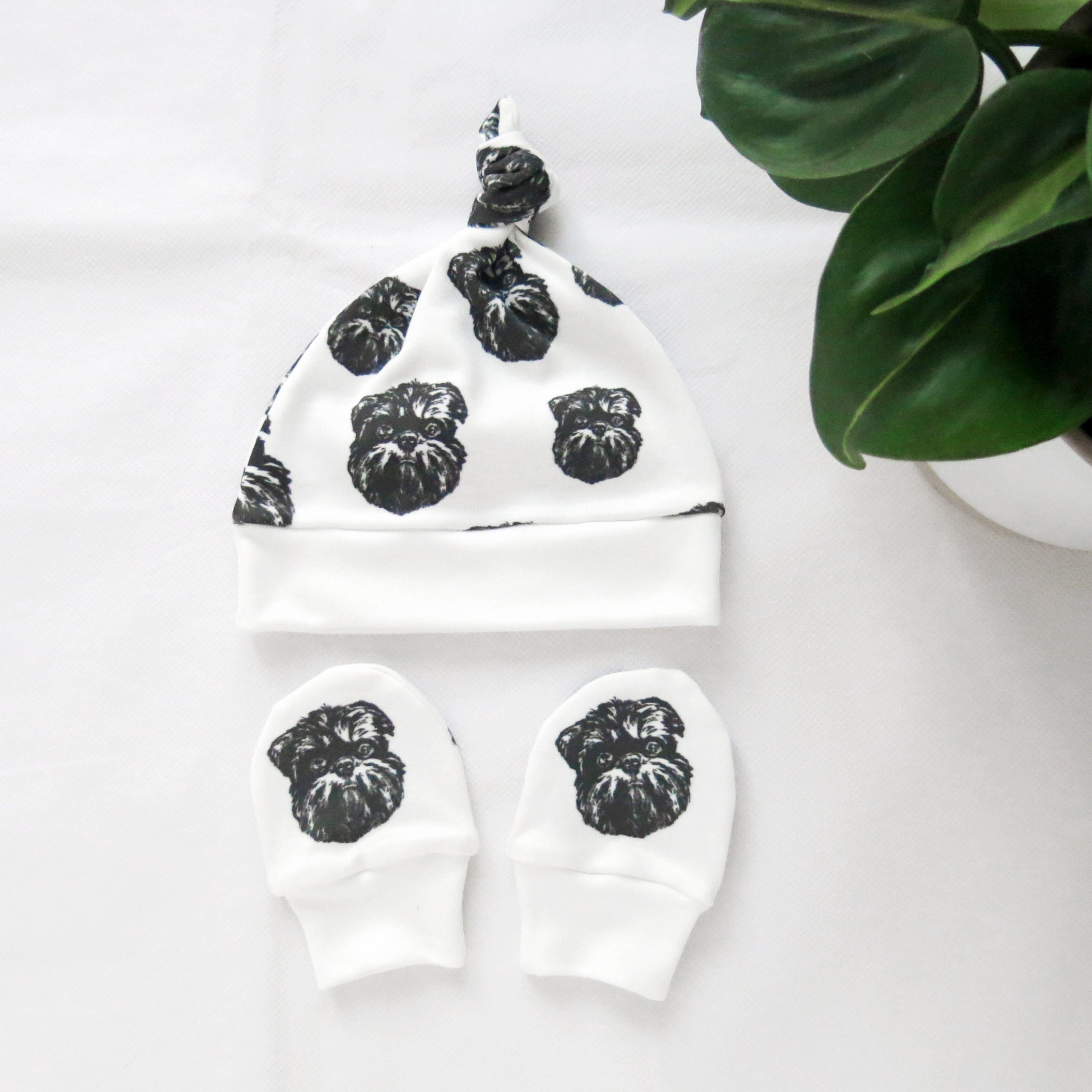 Brussels Griffon Bruxellois Print Baby Hat & Mittens Set, Organic Cotton Hospital Clothes, Dog Themed Shower Gift Boys Girls