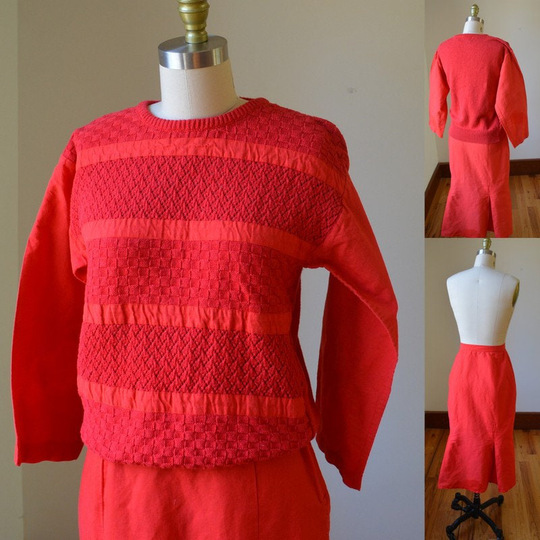 Vintage Red Two Piece Linen Blend Skirt Set Women's Size Small, Long Pleated Waist Measuring 25 Inches With Matching Sweater