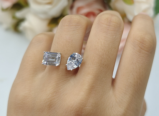 New Design Engagement Bridal Ring Pear & Emerald Cut Unique Diamond Cz 925 Sterling Silver Anniversary Promise Wedding