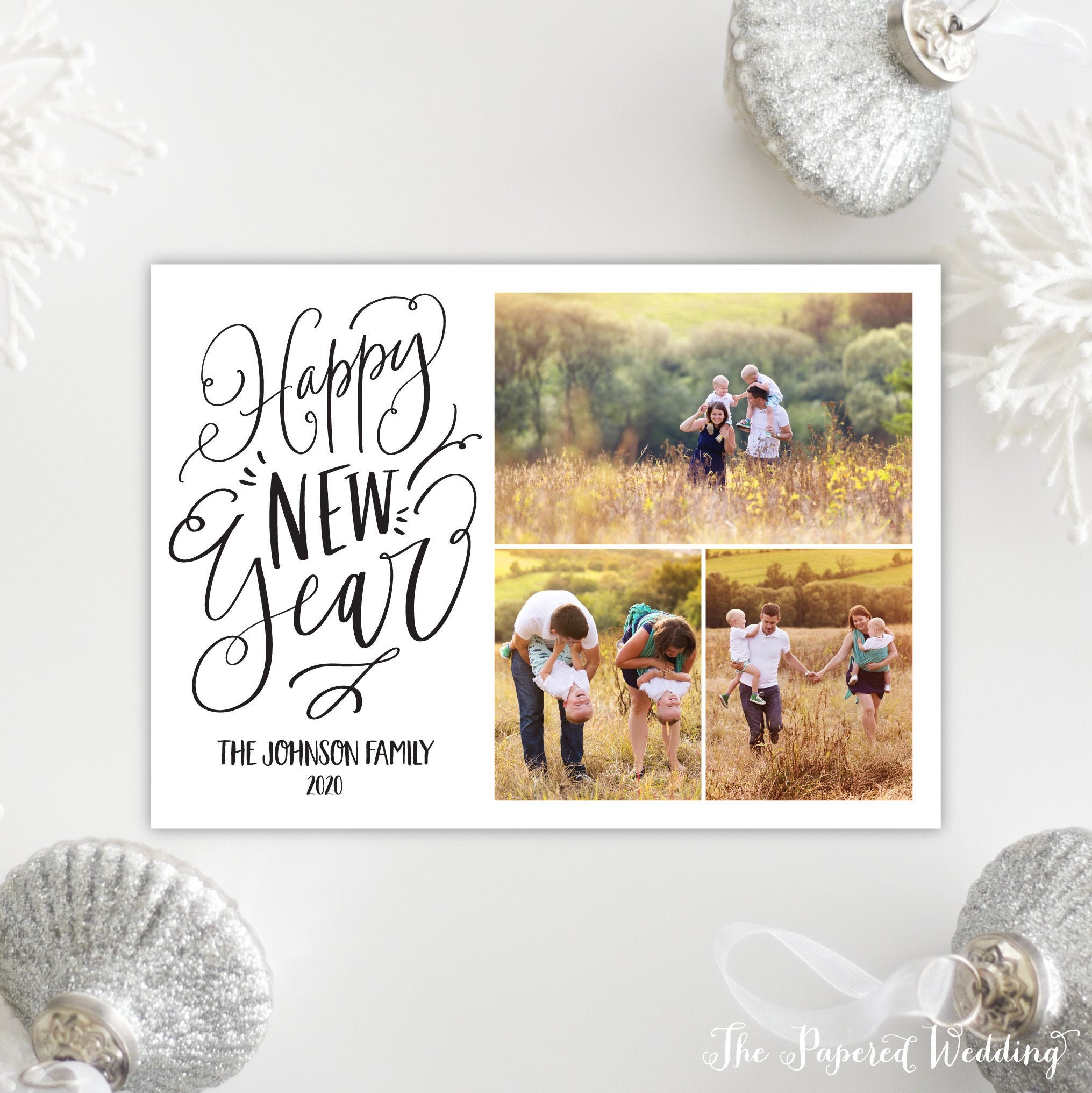 Printable Or Printed Happy New Year Cards With Three Pictures - Hand-Lettered Years in Black Photos, 082 P3