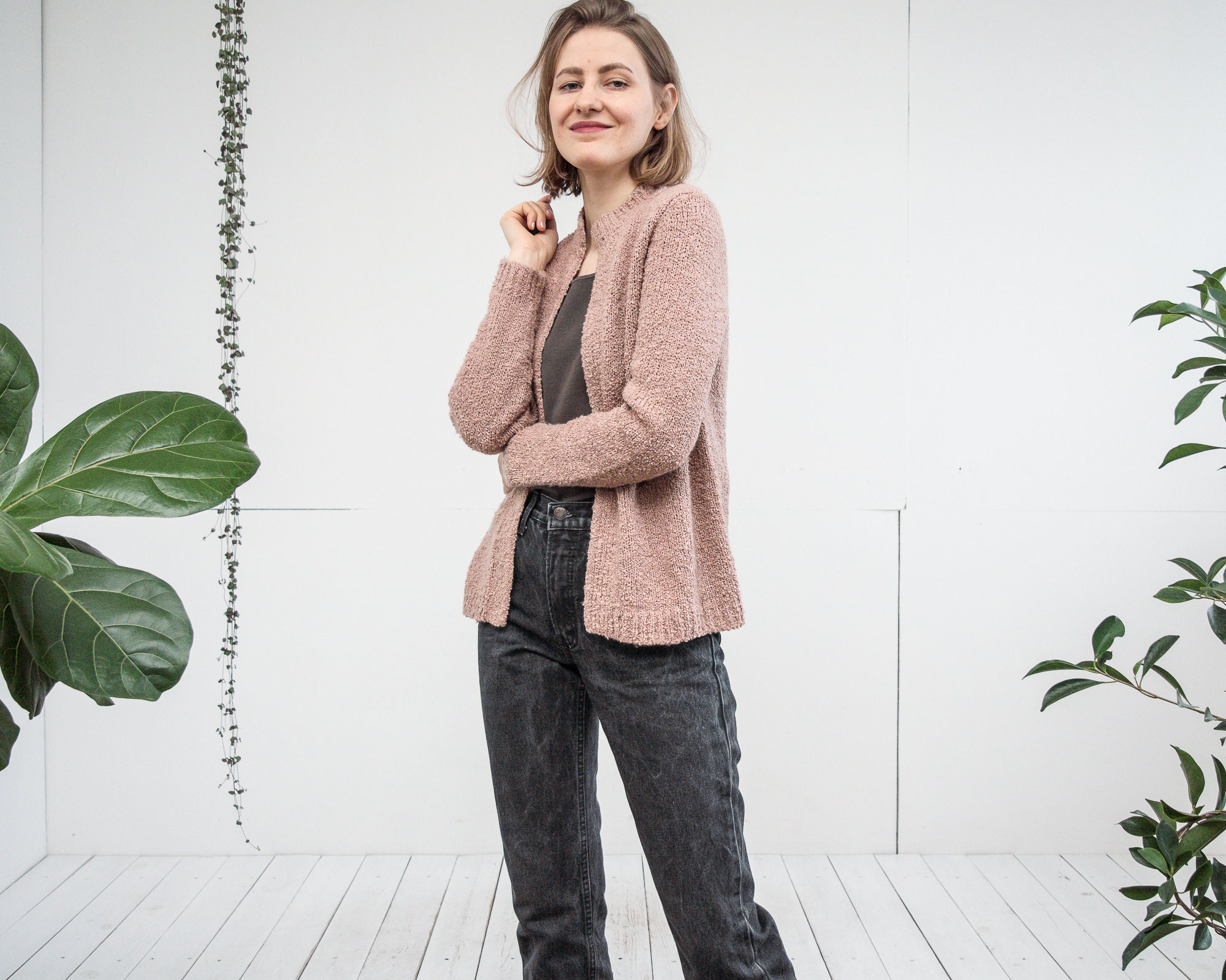 Vintage Chunky Fuzzy Cardigan Wool Blend Open Front Sweater in Powder Pink Small Medium Size