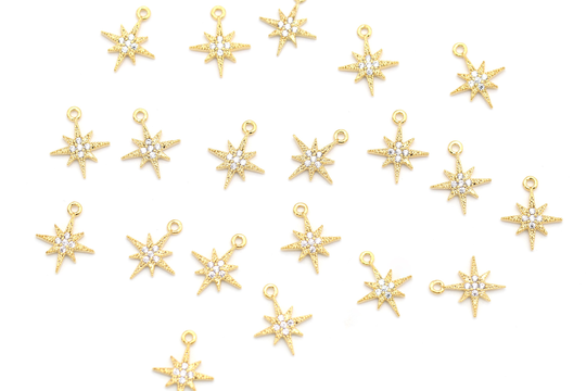 2 Pieces, Star Pendant with Cubic, Nickel Free, N24-G8, 11x9mm, 16K Gold Plated Brass, Cubic Zirconia, Charm, Star