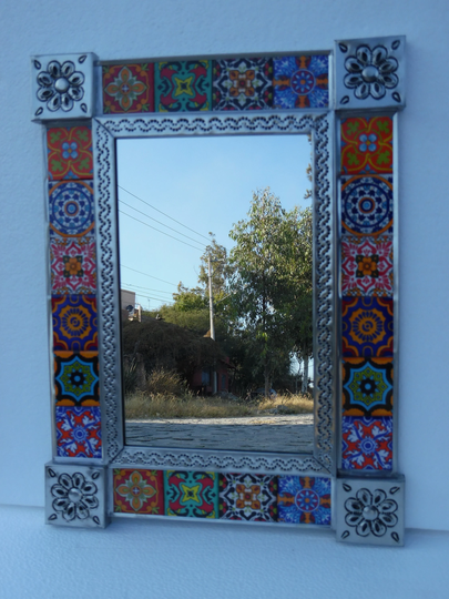 Punched Tin Mirror With Mixed Talavera Tile Mexican Folk Art 17" X 13"