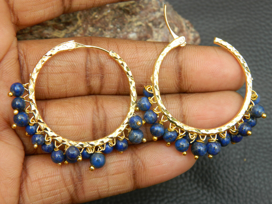 Natural Lapis Hoop Earring, Beads Earring, Brass Earrings, Gold Plated, Bohemian, Charm Hoop, Beautiful Fashion Jewelry, Gift, Sale
