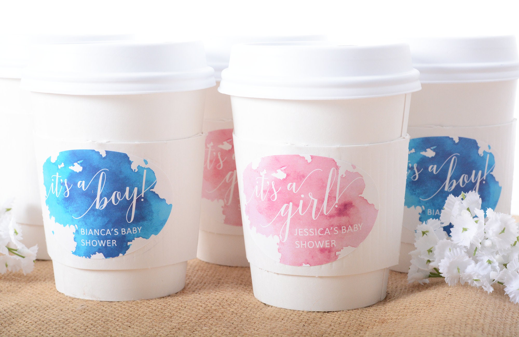 Baby Shower Cups - Watercolor Coffee Beverage Hot Cocoa Cup Sets Gender Reveal & Labels #bscf-59