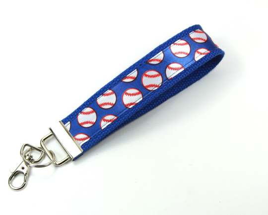 Baseball Fabric Key Fob, Baseball Keychain, Blue Key Chain, Wrist Chain