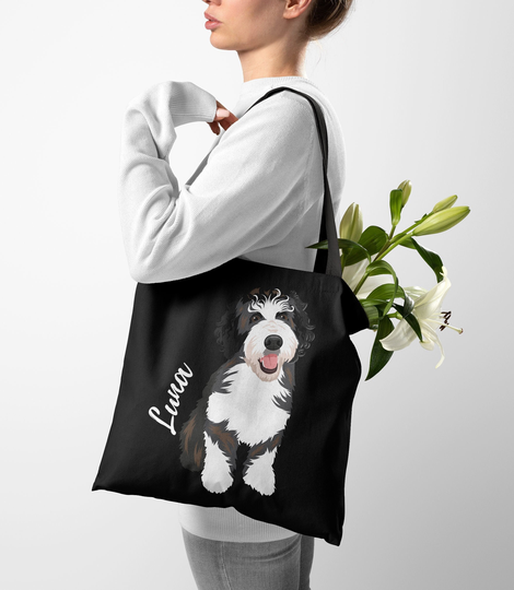 Personalized Bernedoodle Tote Bag Black, Goldendoodle Gift, Best Friend Birthday New Puppy, Personalized Dog Grocery