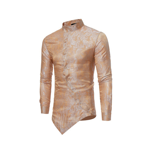 Men's Shirt Long Sleeves Printed Turtleneck Cotton Blended With Dark PatternAsymmertric Length Hip Hop Causual Homme Clothing - champagne, xl