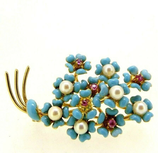 Vintage 60S Brooch in 18 Kt Solid Yellow Gold With Natural Cultured Beads & Pink Sapphires