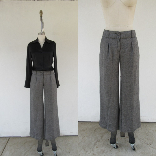 90S Y2K Mid Rise Wool Blend Herringbone Flare Pleated Trousers | Business Casual Wide Leg Pants Slacks Size S M