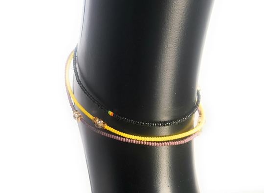 Black Yellow Or Purple-Gray Beaded Anklets On Bead Cord 10-Inch Around With Gold Barrel Clasp