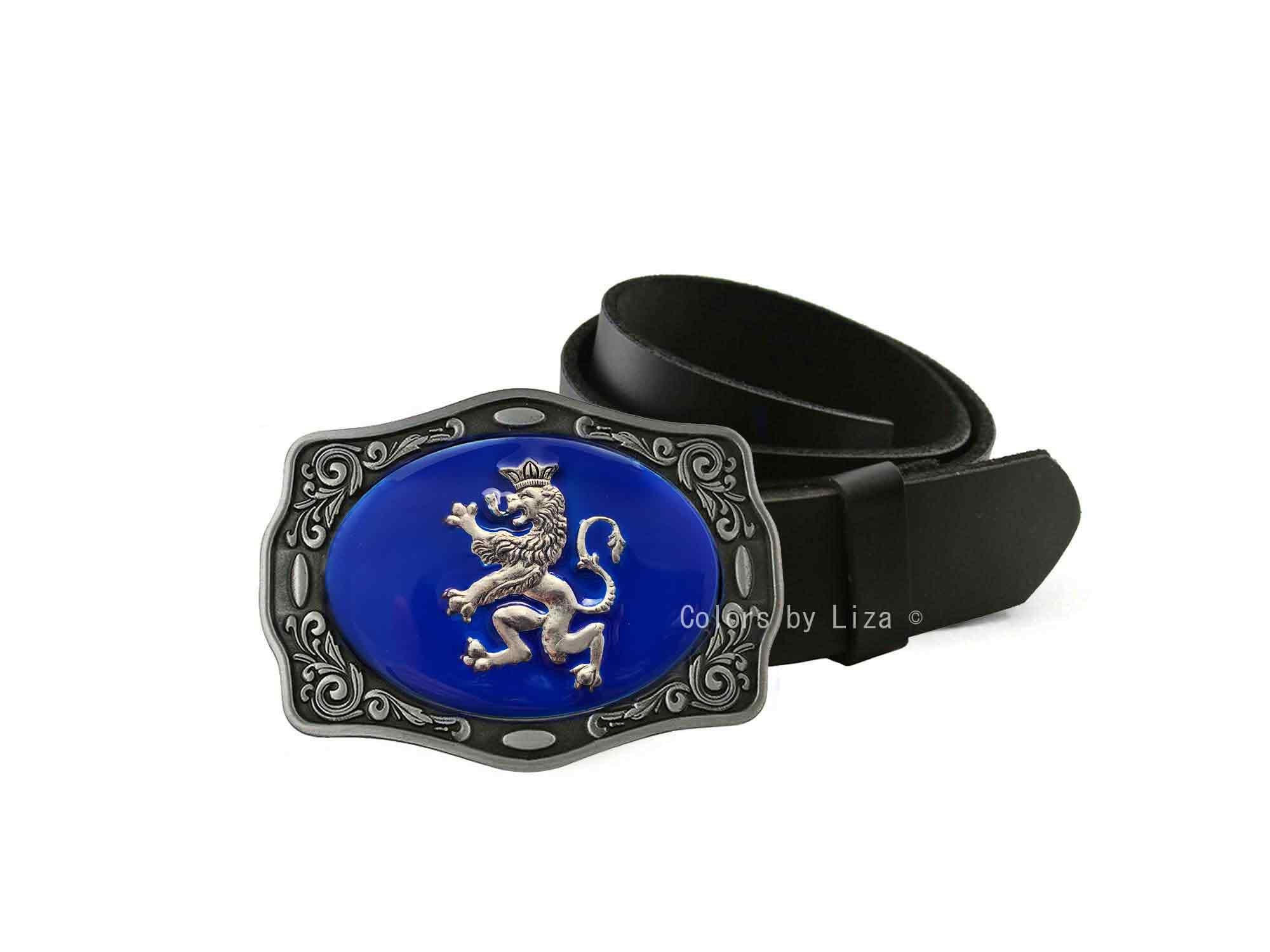 Rampant Lion Belt Buckle Inlaid in Hand Painted Cobalt Blue Opaque Enamel Neo Victorian Leo Design With Custom Colors Available