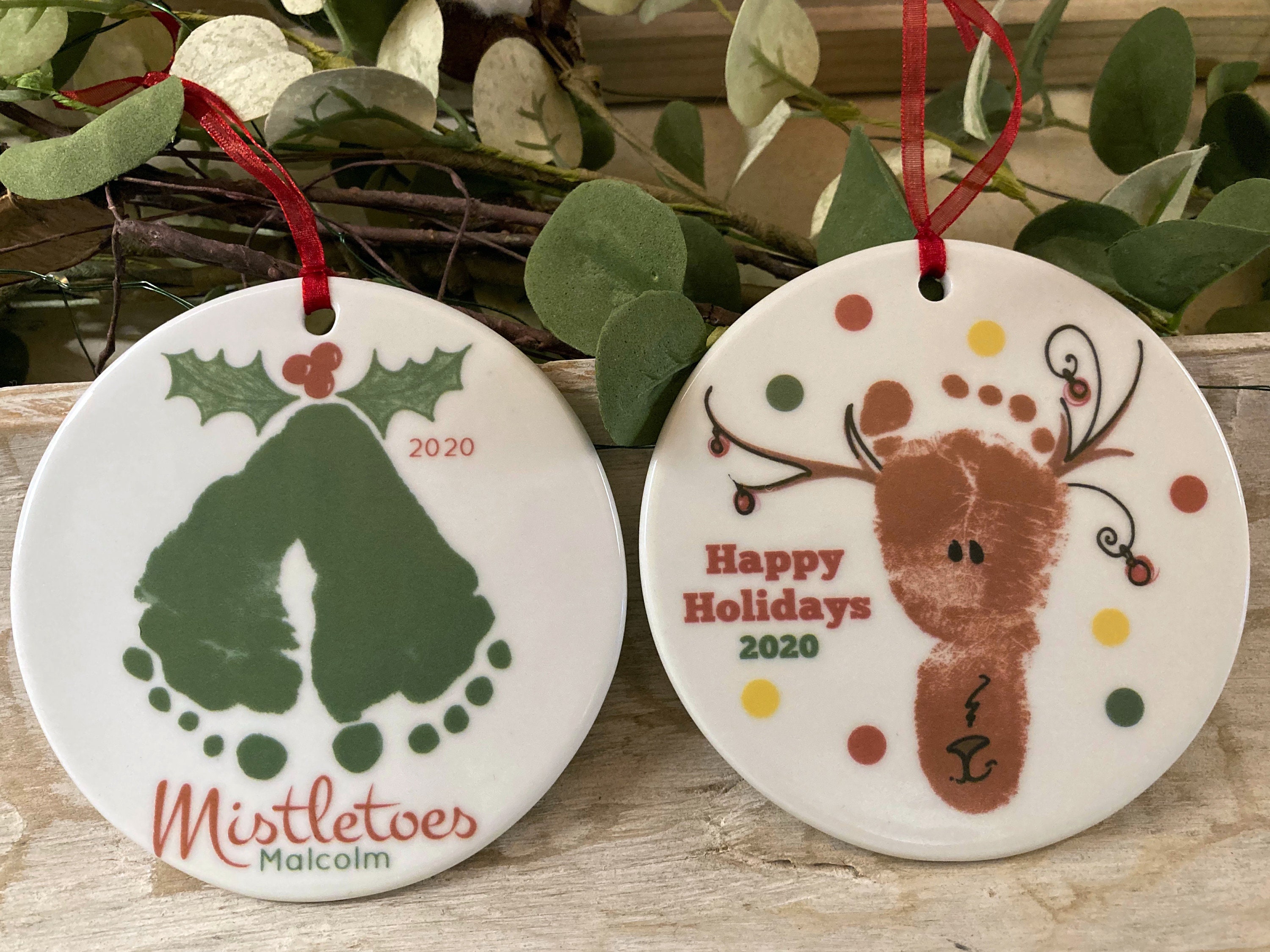 Any 2 Christmas Ornaments, Mistletoes, Reindeer, Tree, Mom, Dad, Grandma, Christmas Gift, Newborn Footprint Baby Footprints