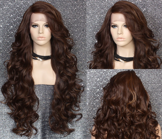 Extra Long Human Hair Blend Lace Front Wig 38" Curly Brown Auburn Carmel Mix Heat Safe Cancer/Alopecia/Theater/Cosplay/Club