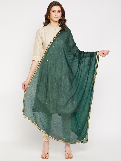 Women Cotton Blend Green Geometric Solid Dupatta Gotta Patti, Embellished Border Free Shipping