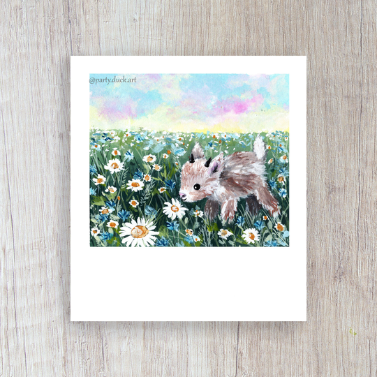 Cute Baby Goat in Daisy Field Gouache Polaroid Painting
