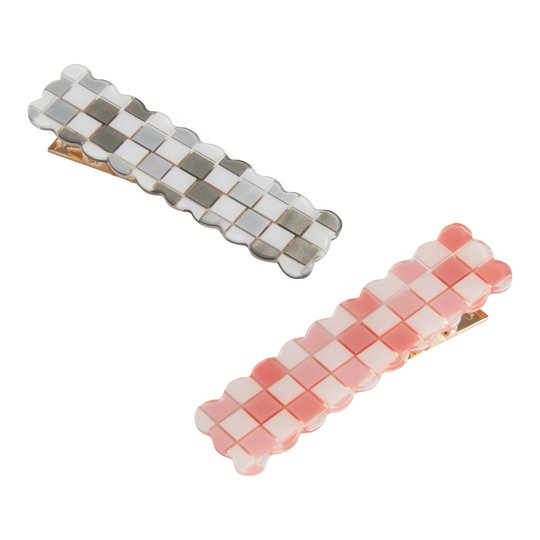 Rectangular Pink And Gray Checkered Hair Clips 2 Pack: Black/Gray/Pink by World Market