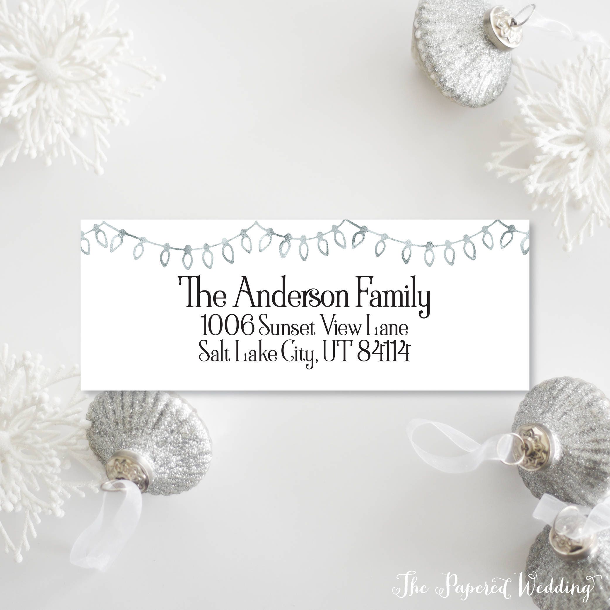 Faux Silver Foil Christmas Lights Return Address Labels - For Holiday Cards String Sticker 025