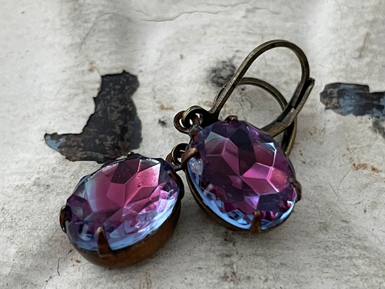 Ruby Sapphire Dangle Earrings Rare Vintage Rhinestone Blend Scalloped Edge Faceted Glass Stone "Raspberry & Blue" Gift For Her